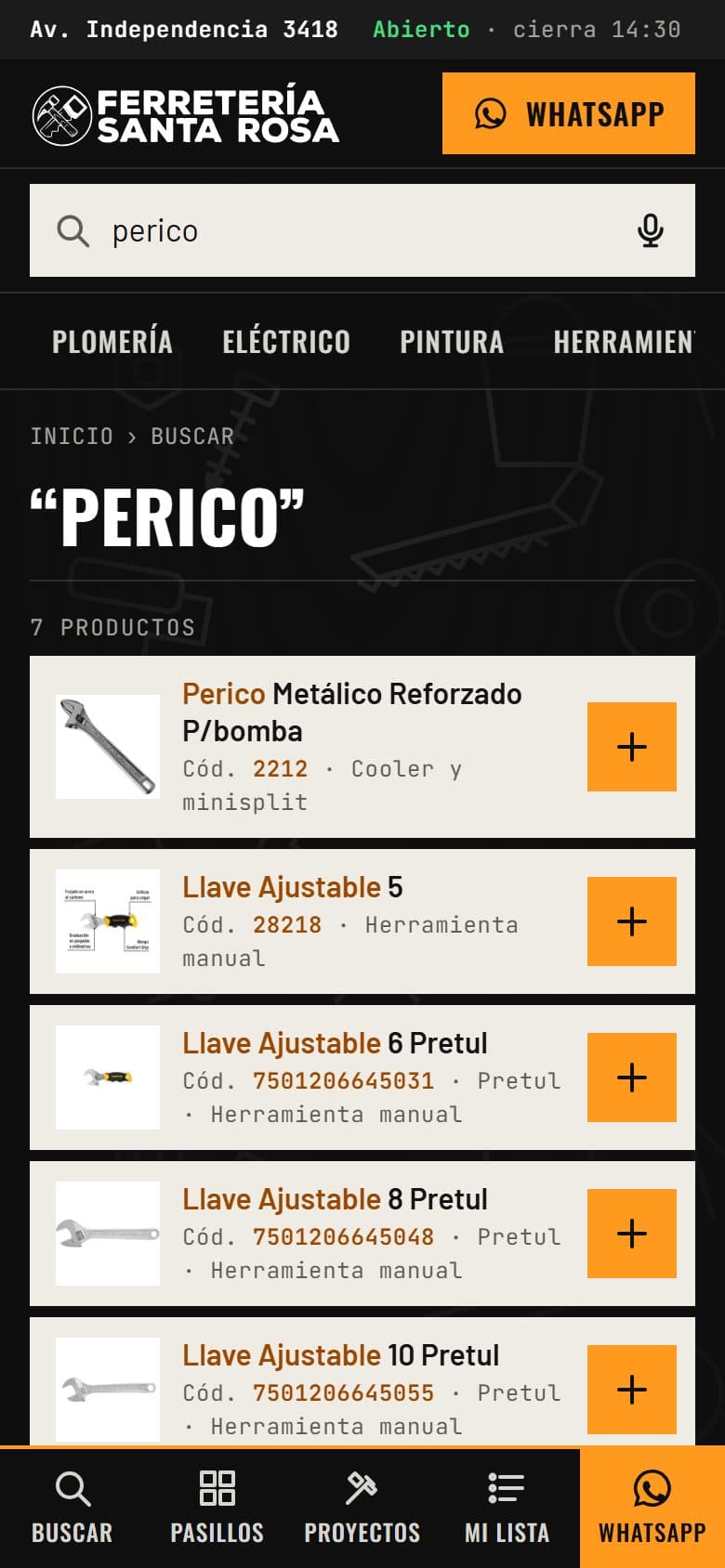 Búsqueda de “perico” en la página de Ferretería Santa Rosa