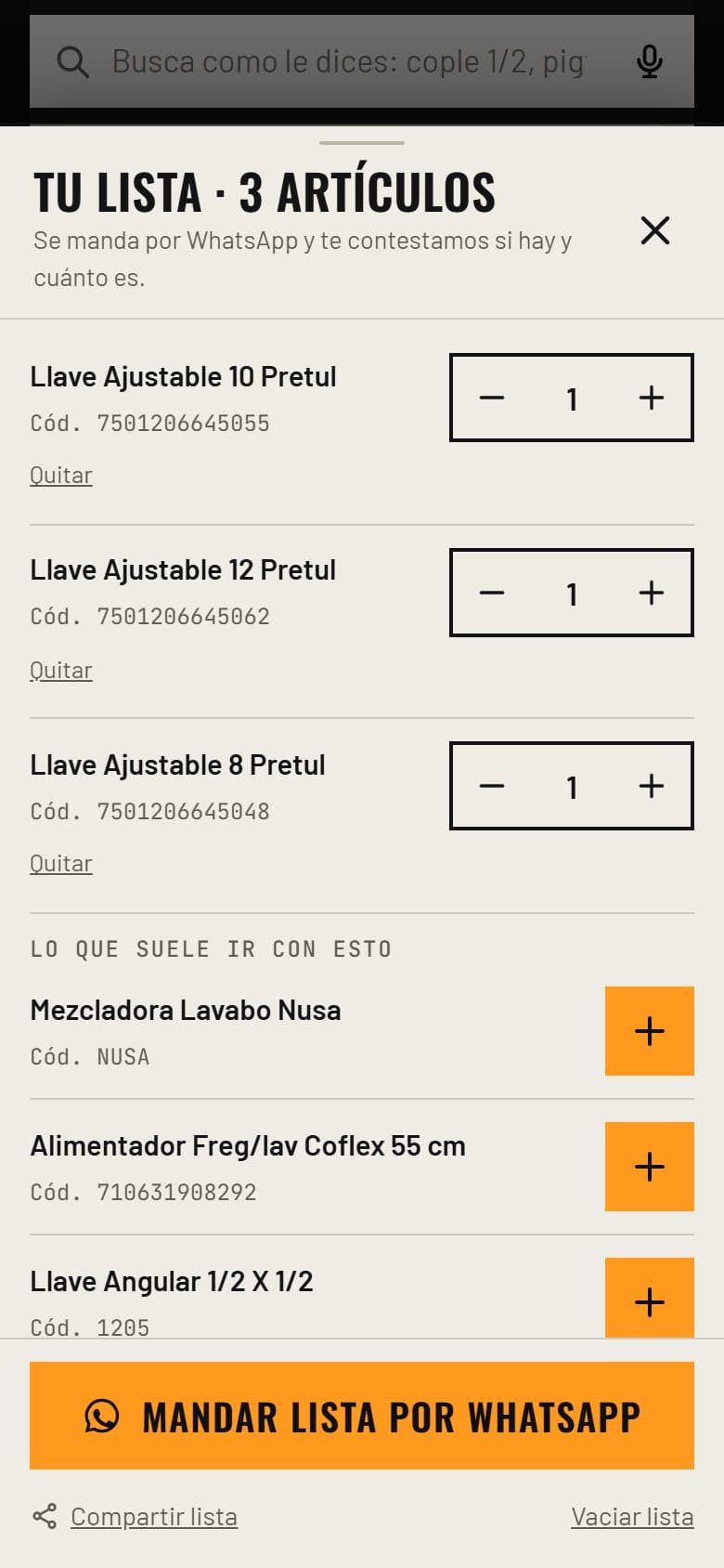 Lista de pedido con el botón para mandarla por WhatsApp