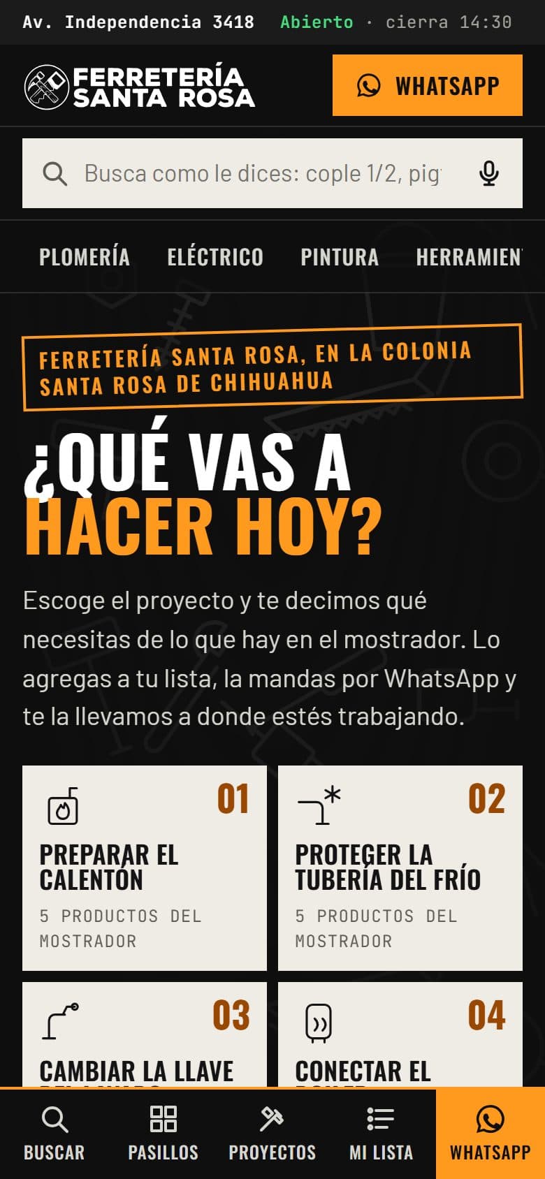 Portada de ferreteriasantarosacuu.com en un celular, con proyectos como preparar el calentón