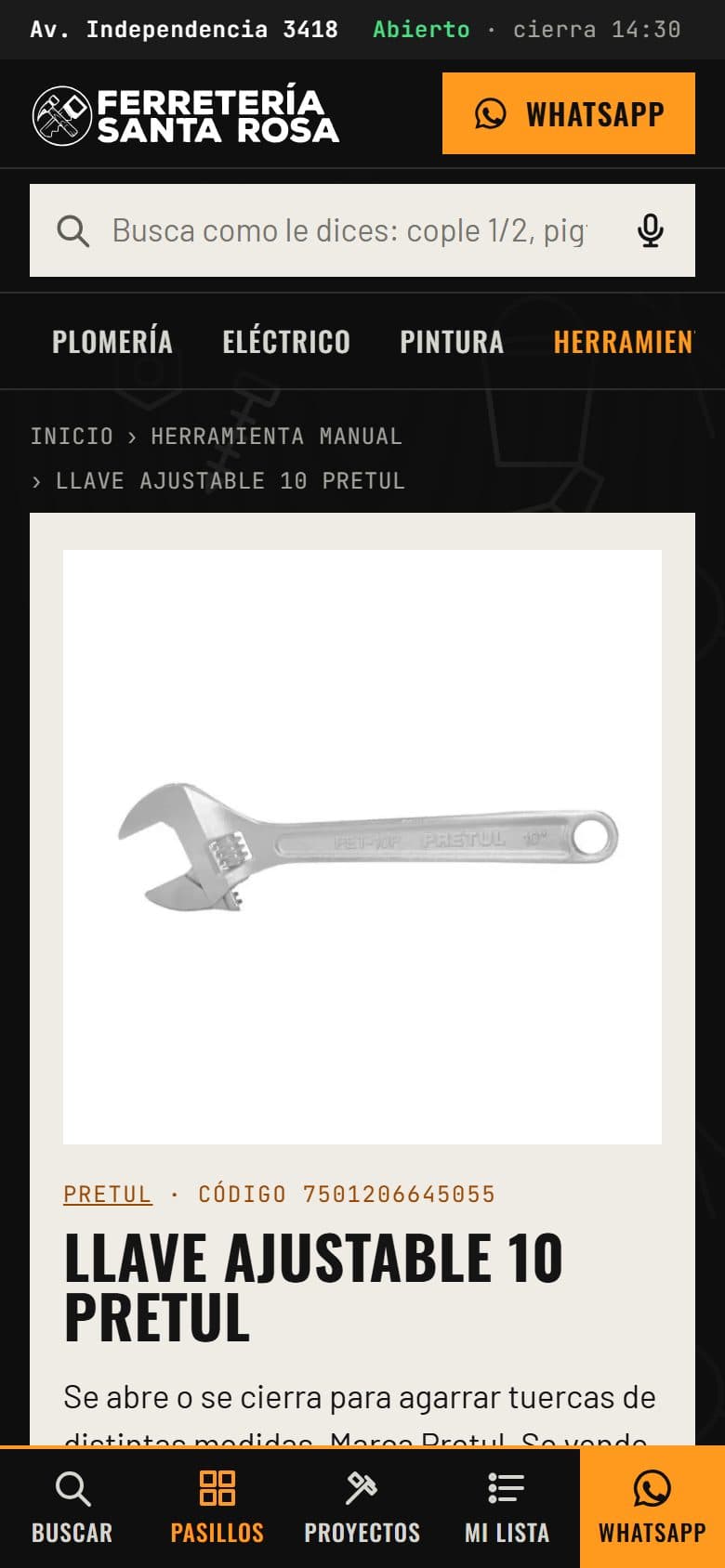 Página de producto de una llave ajustable