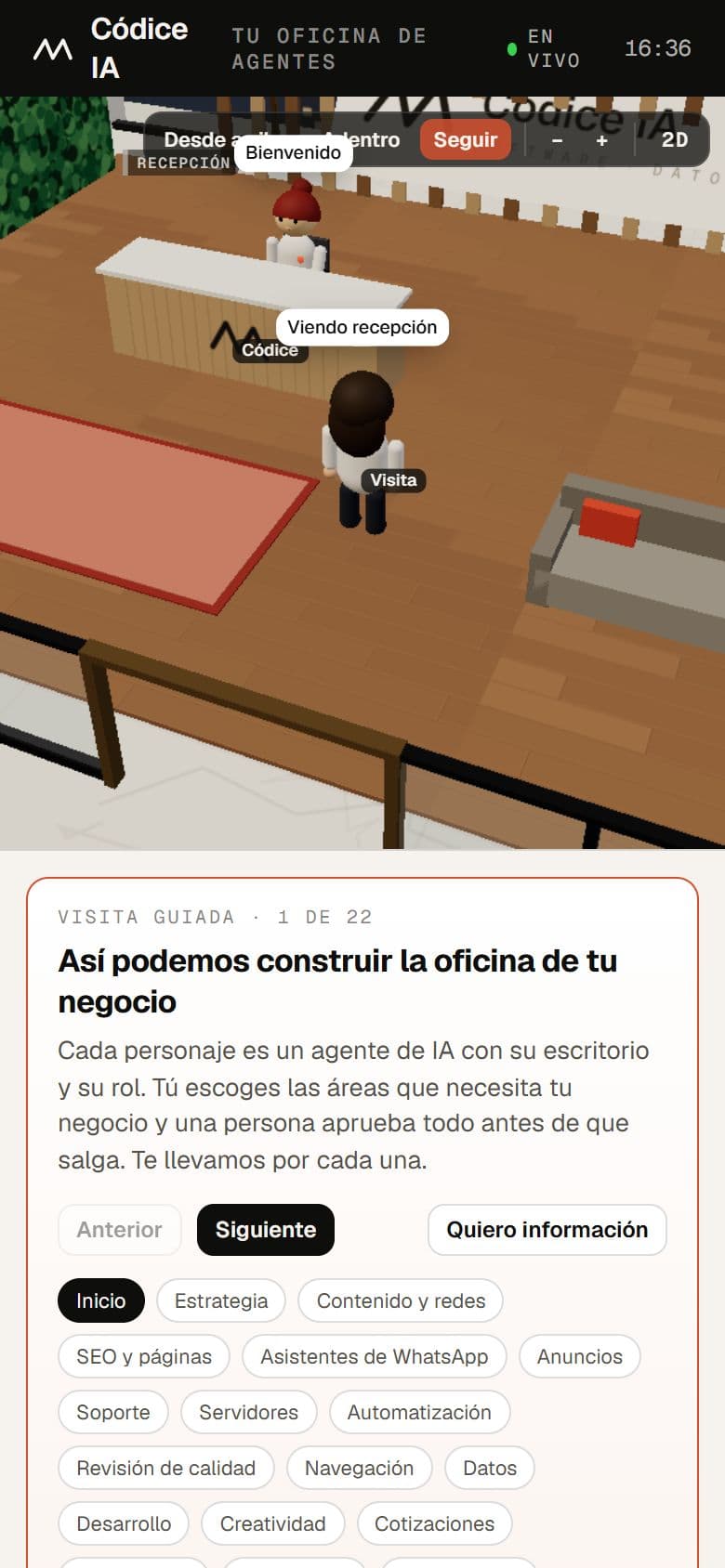 Visita guiada de la oficina de agentes de IA en un celular